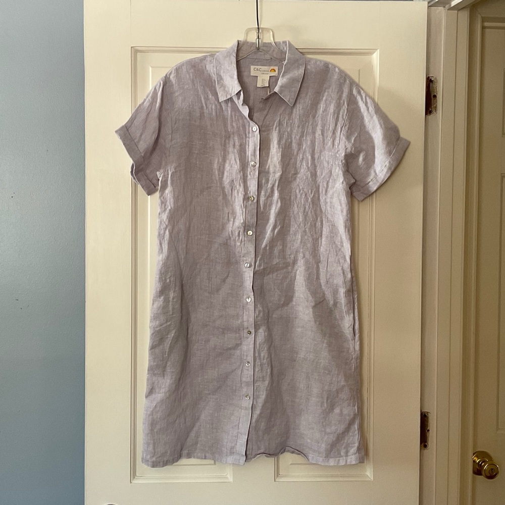 C&C California 100% Linen Shirt Dress Purple Button Front Pockets Size S NWT